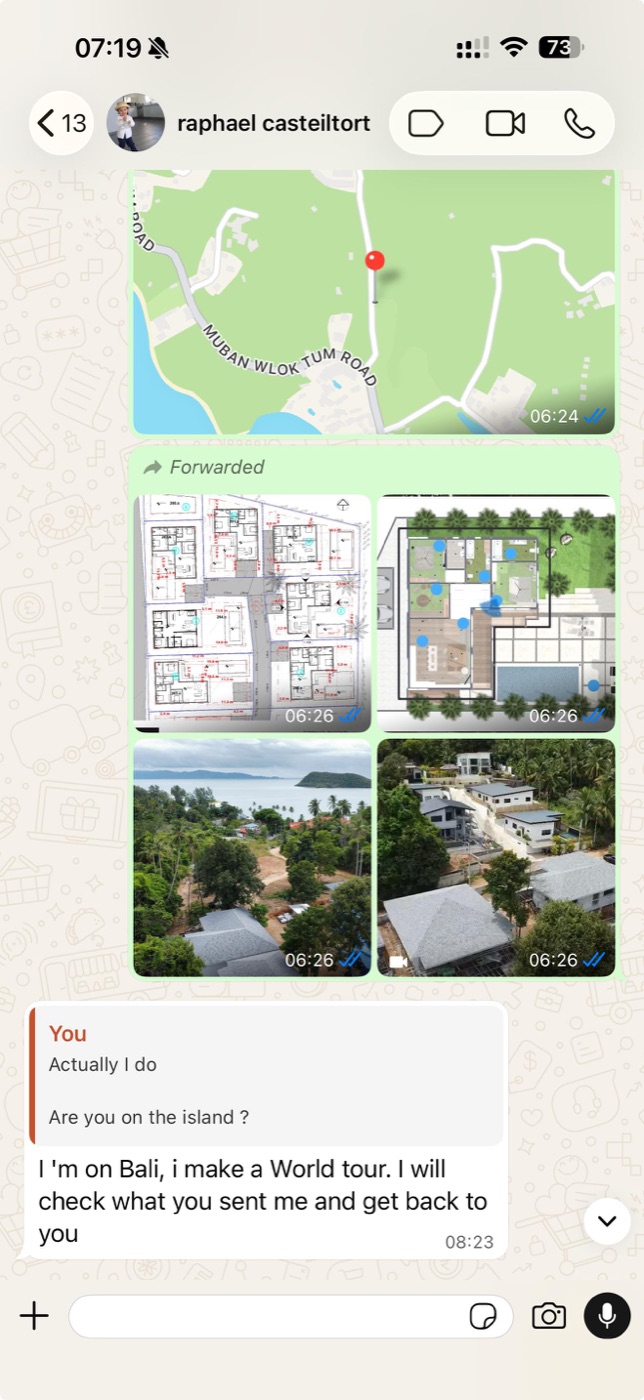 Real customer inquiry on WhatsApp about a Bali property